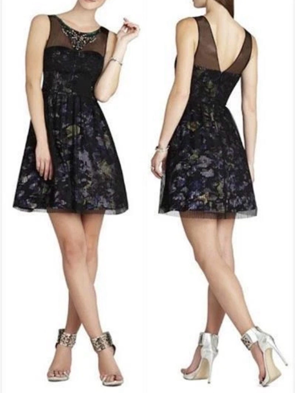 BCBG Teagan Black Floral Mesh Yoke Fit-and-Flare Mini Dress